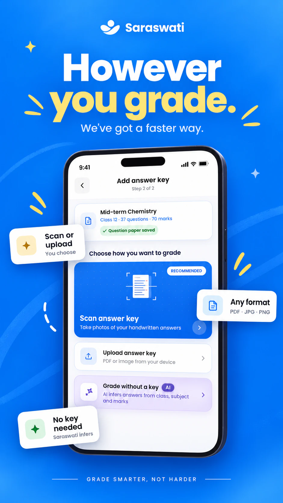 Add answer key screen with options to scan the answer key, upload it from the device, or grade without a key
