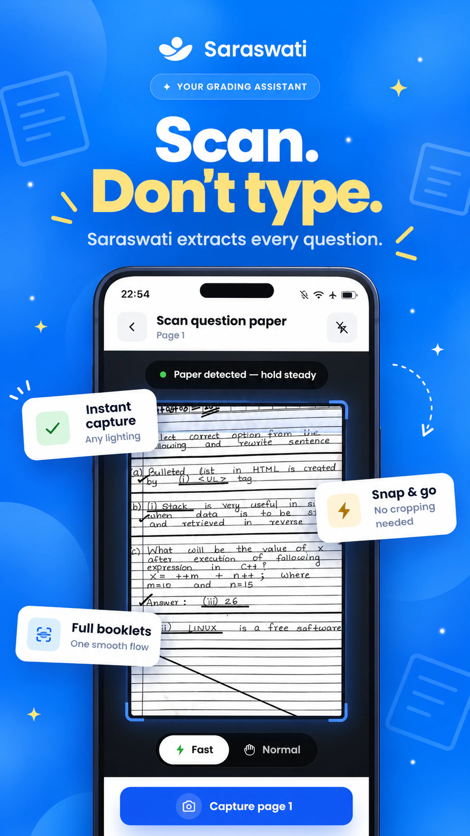 Saraswati app scanning a handwritten question paper, with the page detected and Fast and Normal capture modes