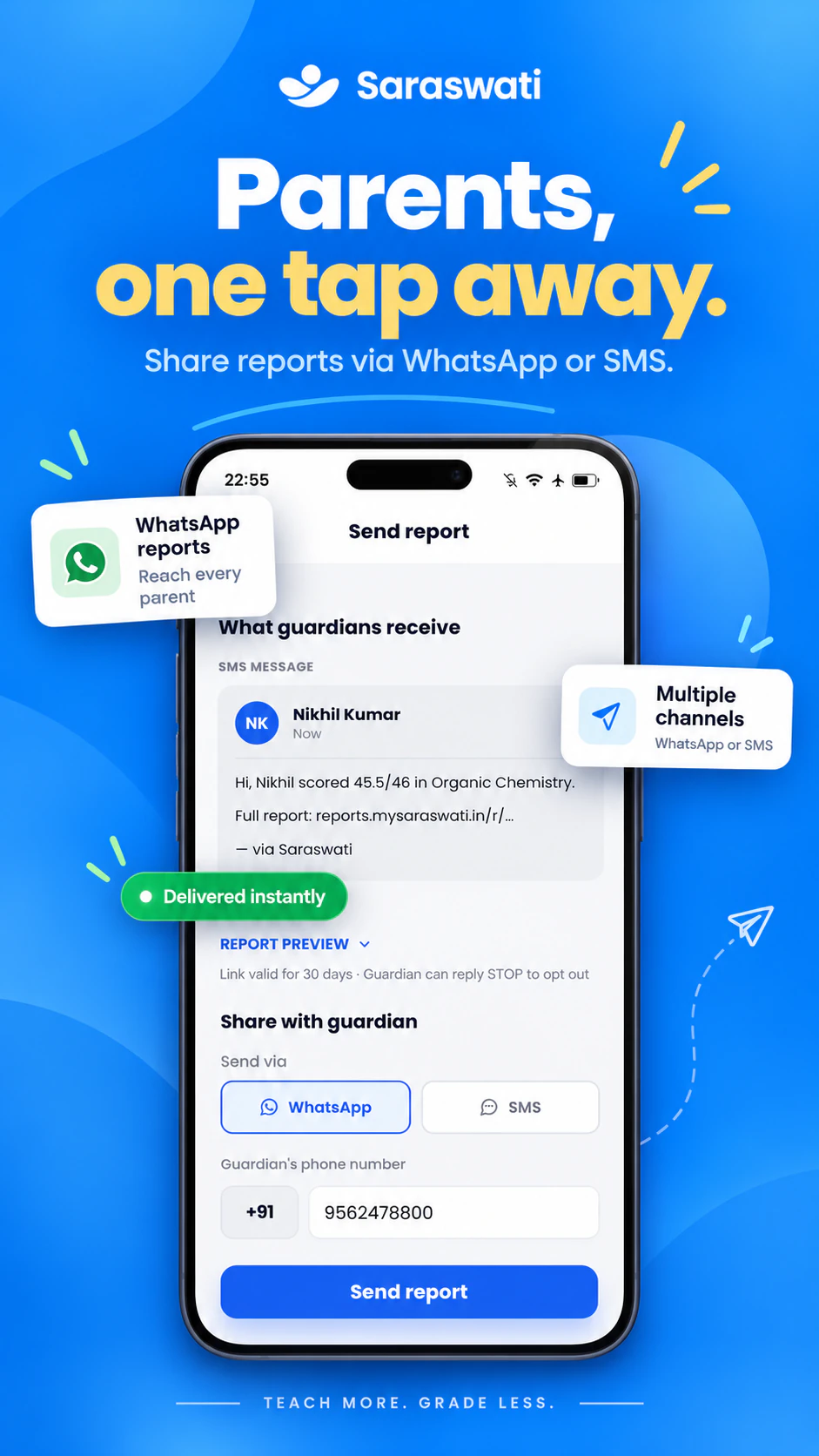 Send report screen previewing the SMS a guardian receives, with a choice of sending by WhatsApp or SMS