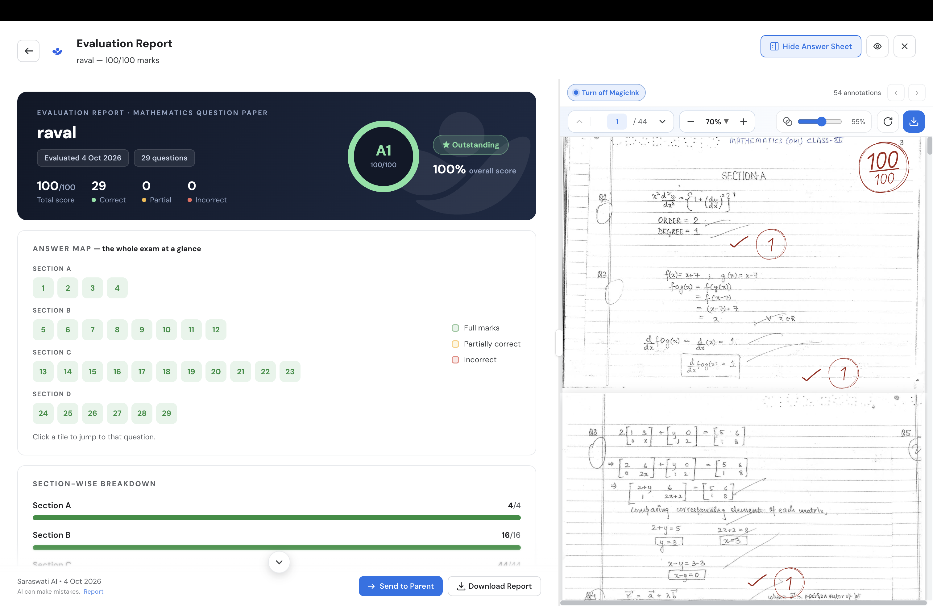 Saraswati AI mathematics evaluation report showing 100 out of 100, an A1 grade and 29 correct answers beside a marked handwritten answer sheet